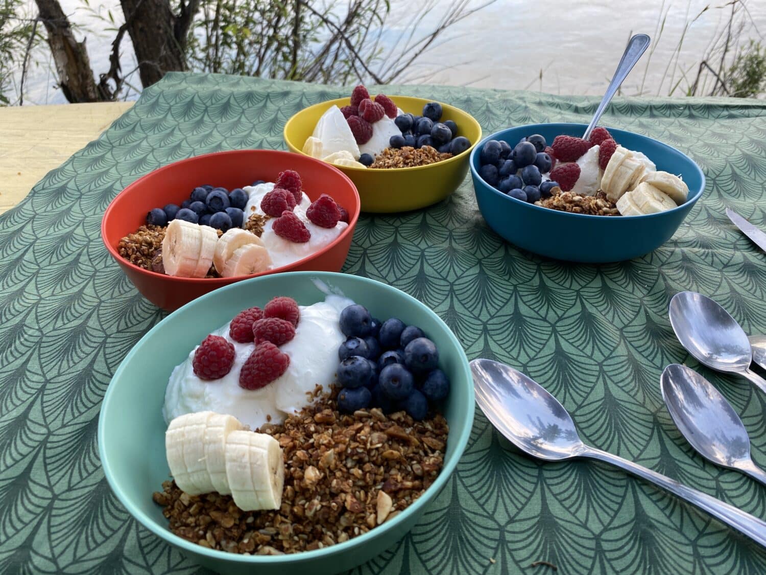 Colorful bowls of yogurt and fruit