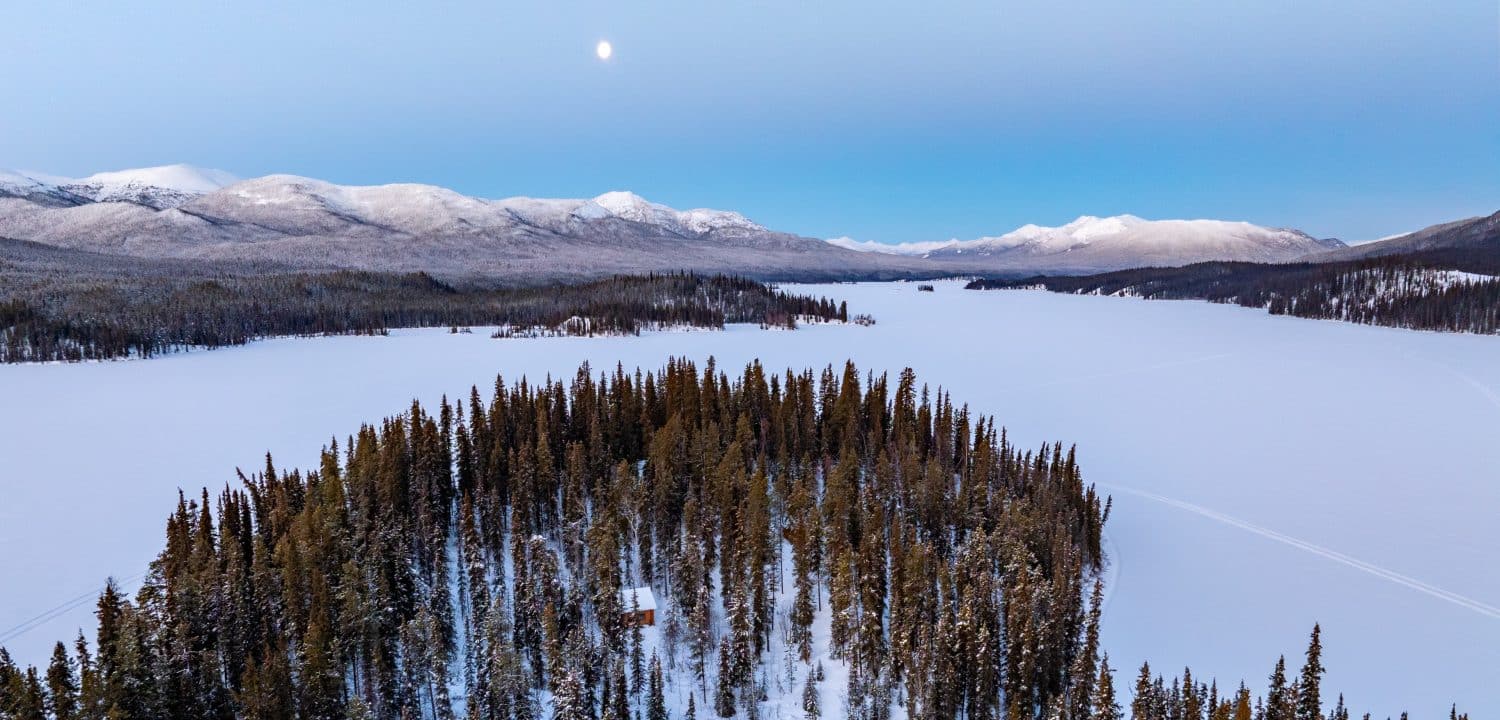 Snowy landscape with forested island