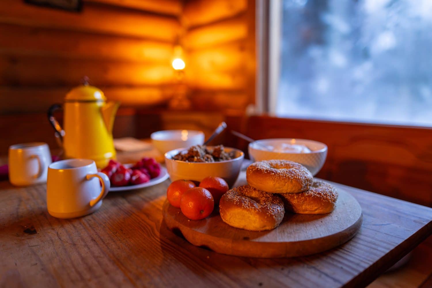 Cozy breakfast with pastries and fruit