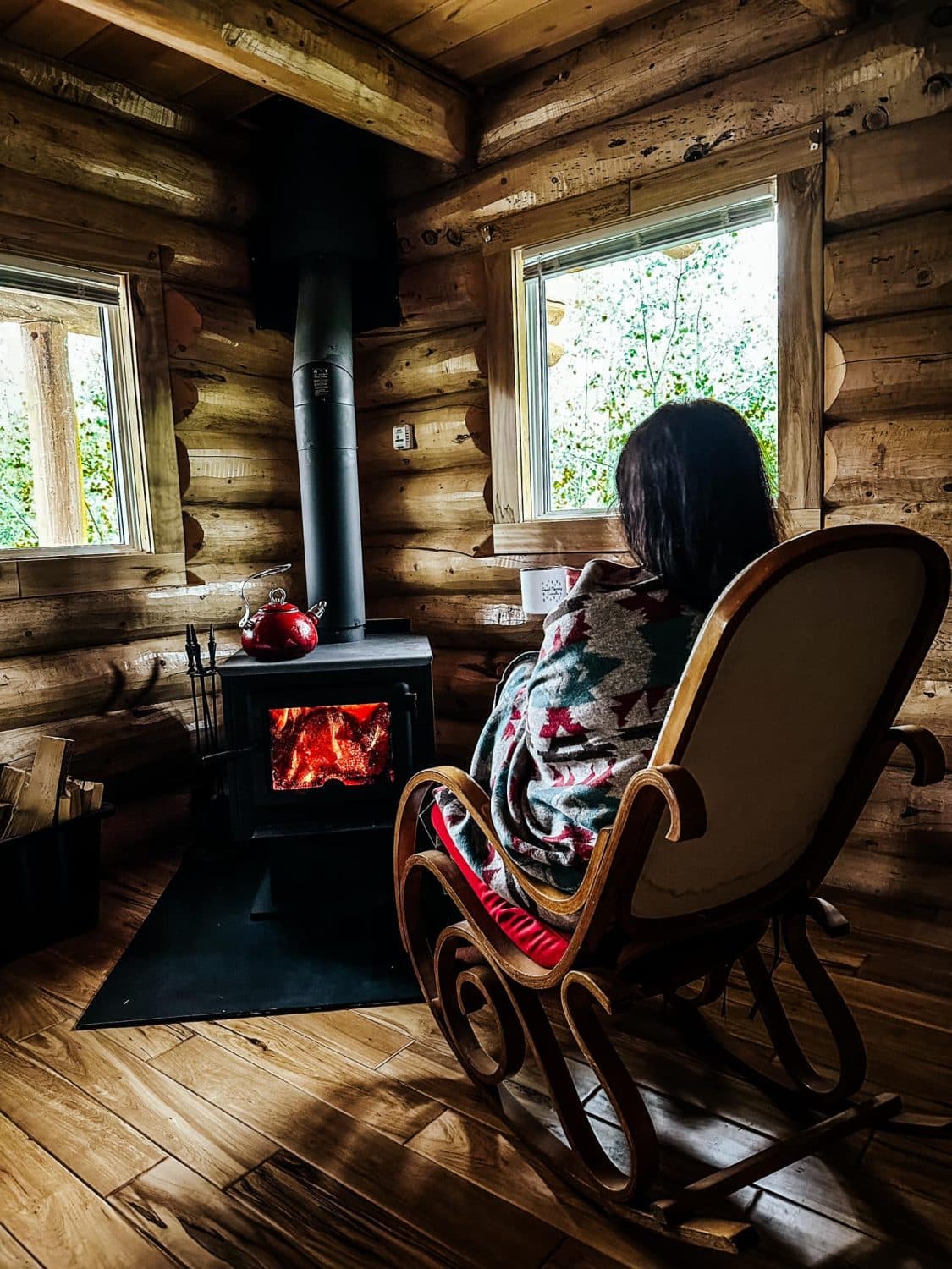 Cozy cabin with wood stove warmth